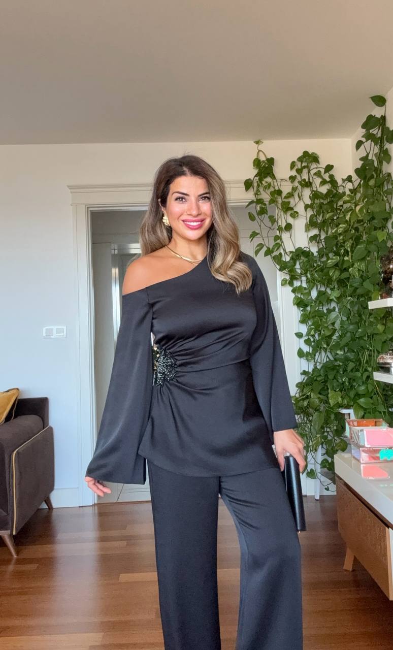 ASYMMETRICAL ONE-SHOULDER EMBELLISHED SUIT – BLACK