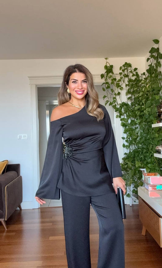 ASYMMETRICAL ONE-SHOULDER EMBELLISHED SUIT – BLACK