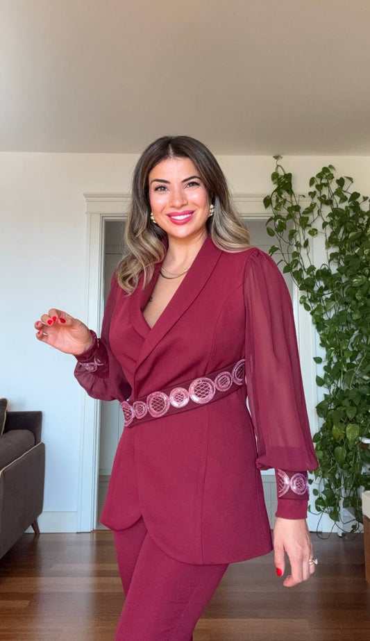 CHIFFON DETAILED EMBROIDERED BELT SUIT – BURGUNDY