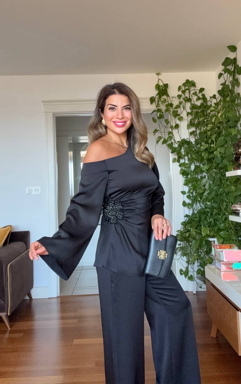 ASYMMETRICAL ONE-SHOULDER EMBELLISHED SUIT – BLACK