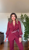 CHIFFON DETAILED EMBROIDERED BELT SUIT – BURGUNDY