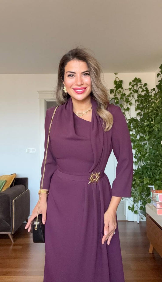 DRAPED BROOCH DETAIL LONG DRESS - PLUM