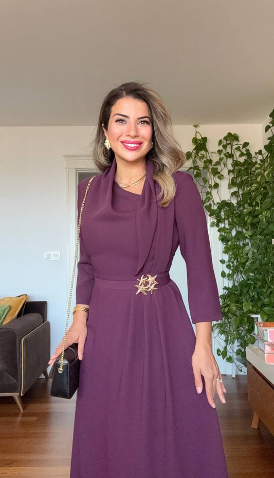 DRAPED BROOCH DETAIL LONG DRESS - PLUM