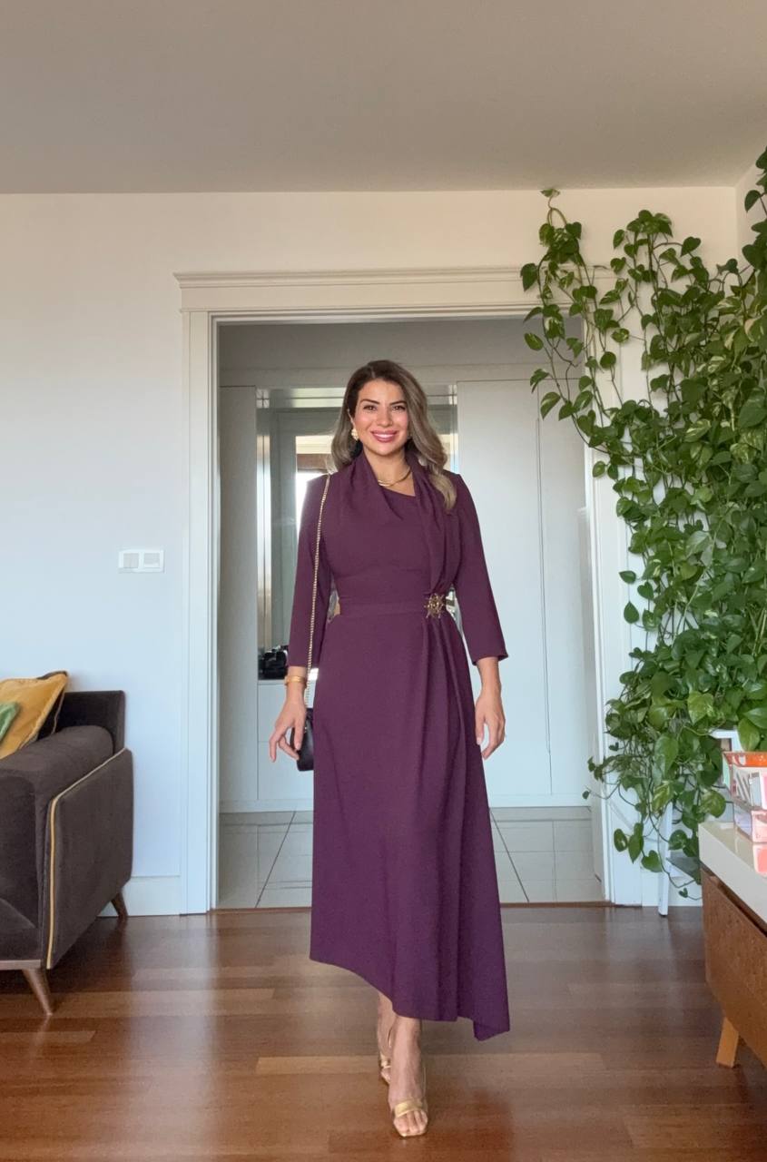 DRAPED BROOCH DETAIL LONG DRESS - PLUM