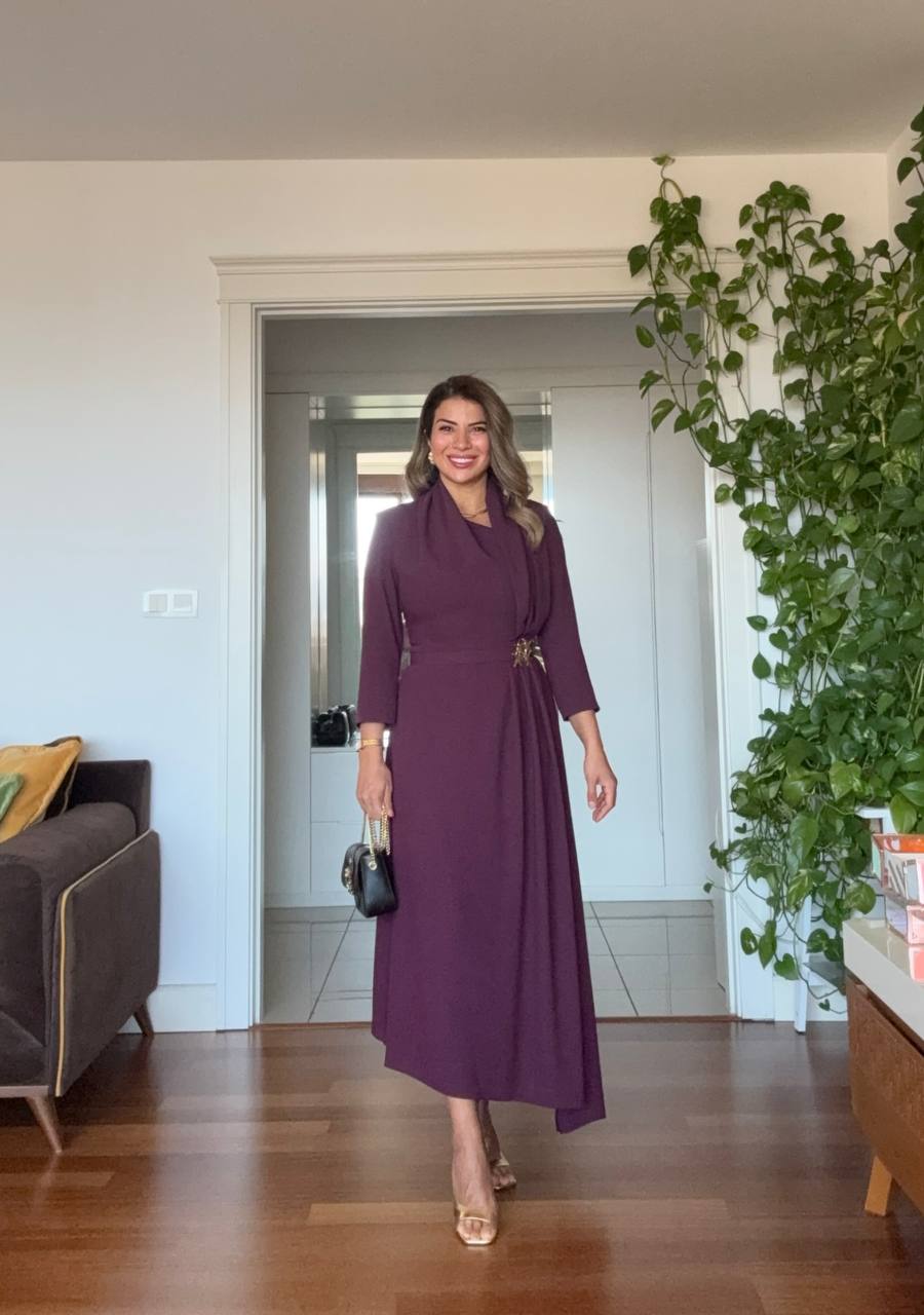 DRAPED BROOCH DETAIL LONG DRESS - PLUM