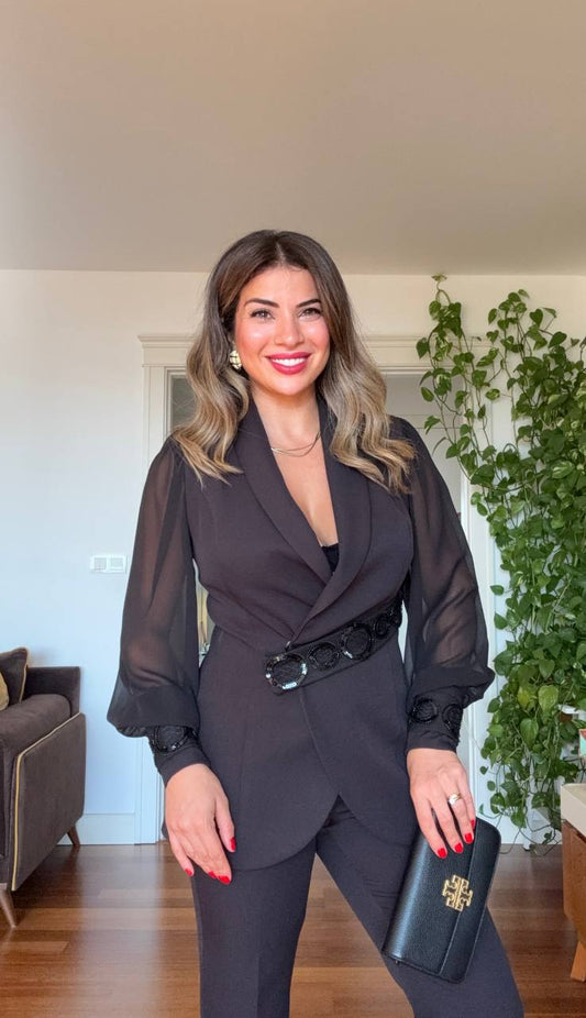 CHIFFON DETAILED EMBROIDERED BELT SUIT – BLACK