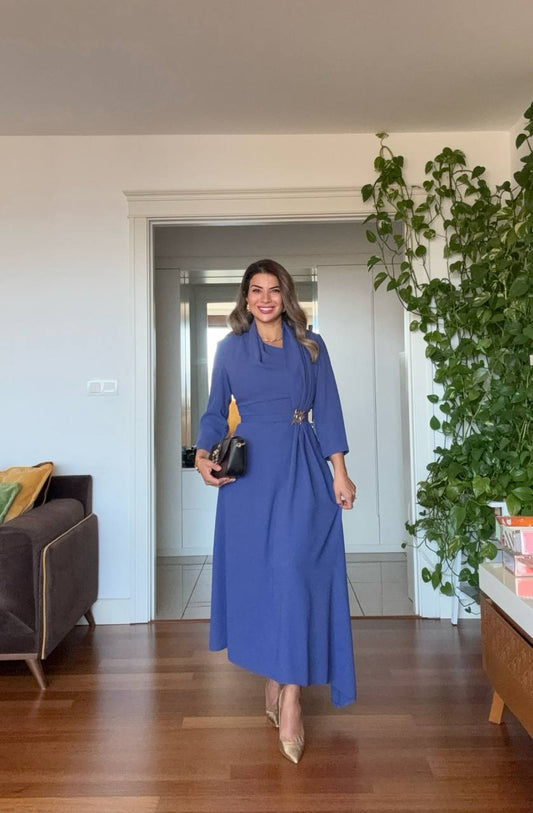 DRAPED BROOCH DETAIL LONG DRESS - INDIGO