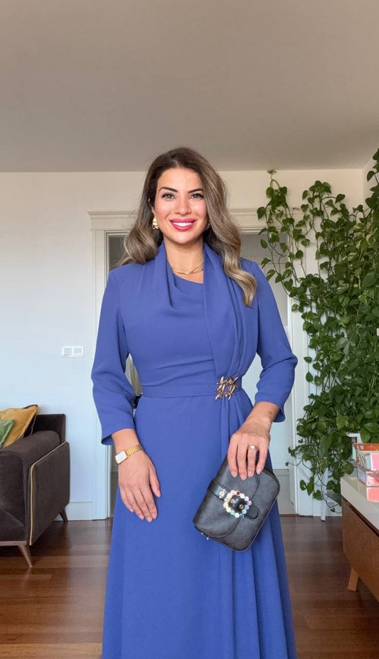 DRAPED BROOCH DETAIL LONG DRESS - INDIGO