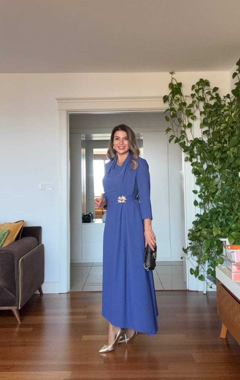 DRAPED BROOCH DETAIL LONG DRESS - INDIGO
