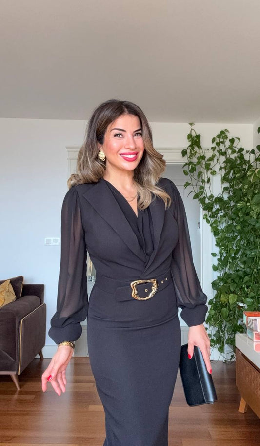 WRAP MIDI DRESS WITH GOLD BUCKLE – BLACK