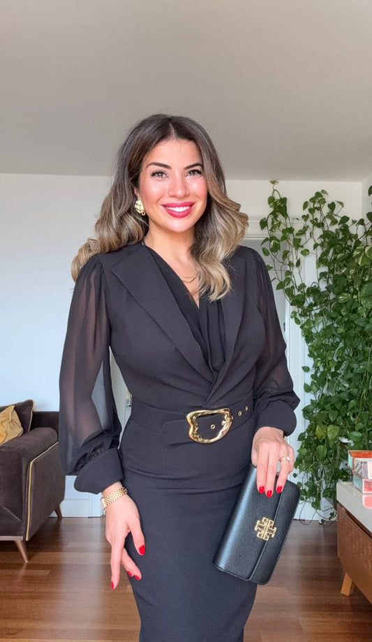 WRAP MIDI DRESS WITH GOLD BUCKLE – BLACK