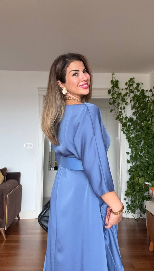 OVERSIZED BELTED MIDI DRESS – İNDİGO