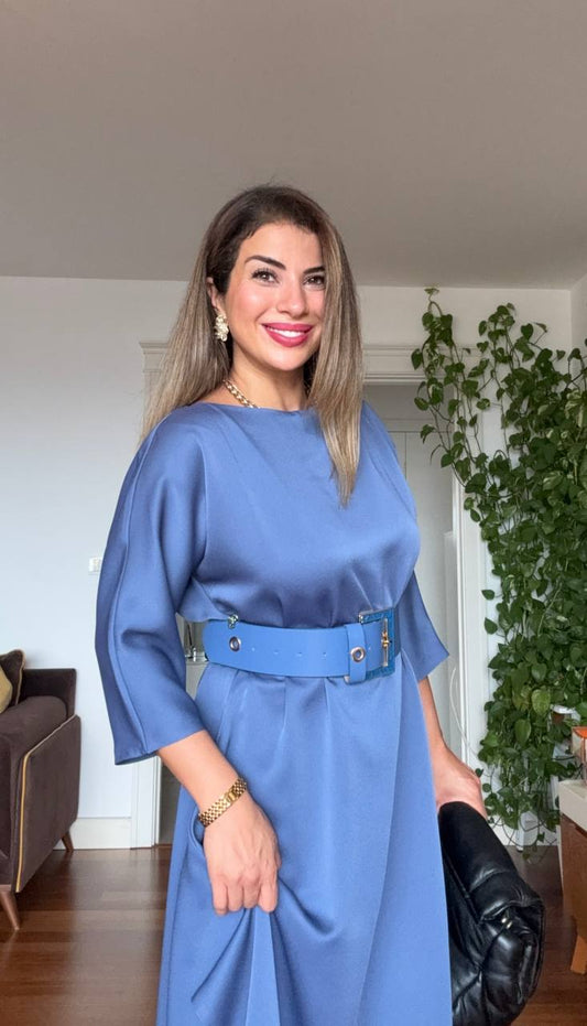 OVERSIZED BELTED MIDI DRESS – İNDİGO