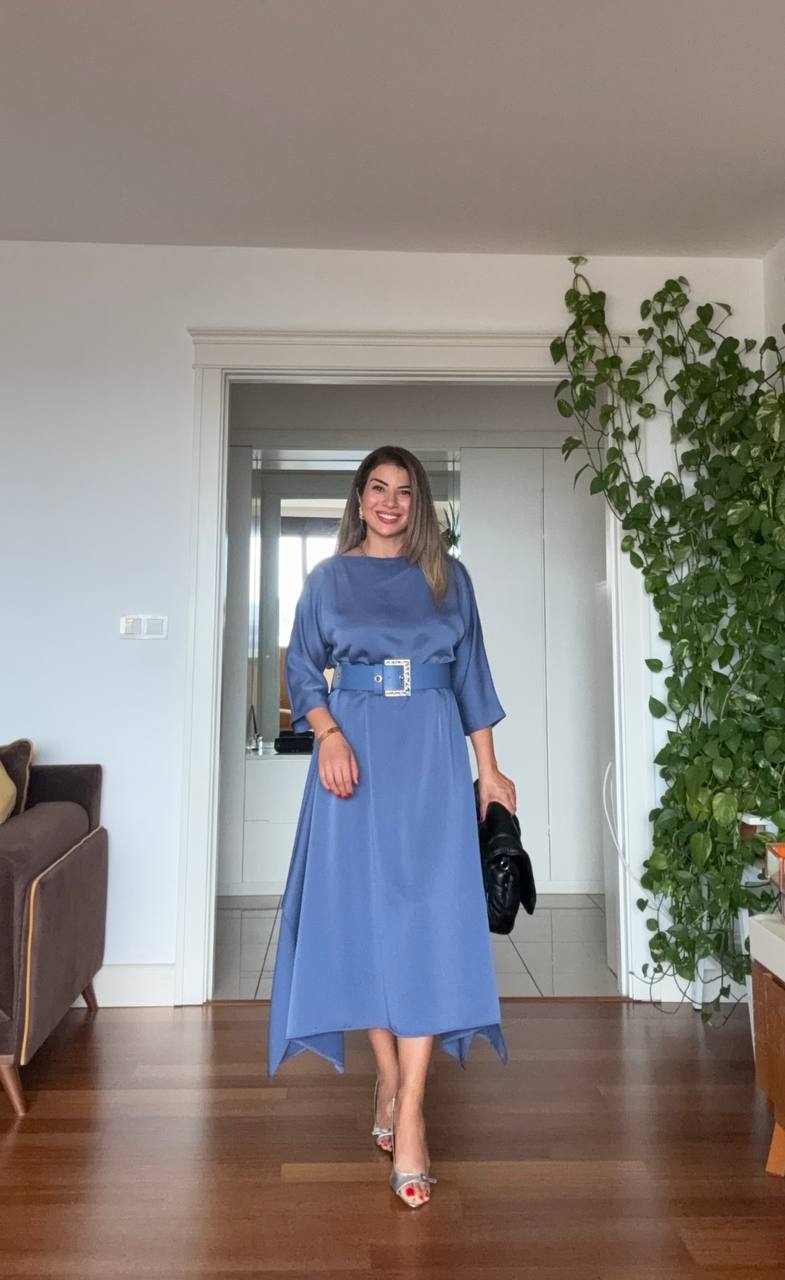 OVERSIZED BELTED MIDI DRESS – İNDİGO