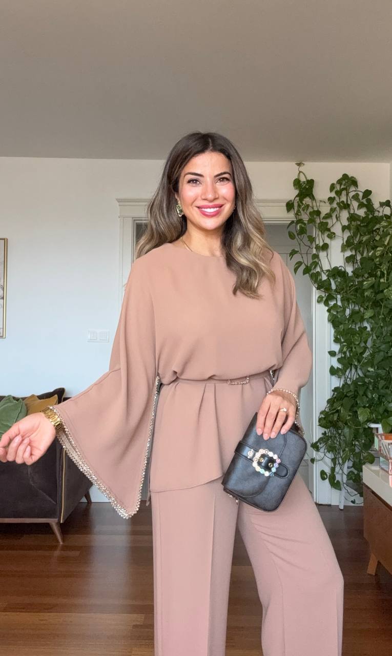 STONE-EMBELLISHED WIDE-LEG PANTS - CAMEL