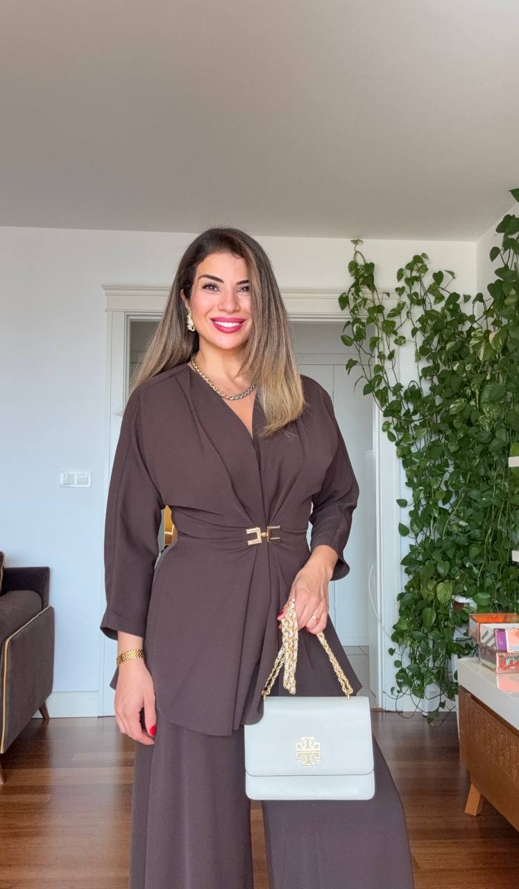 WRAP SUIT WITH GOLD BUCKLE DETAIL –  BROWN