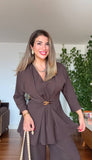 WRAP SUIT WITH GOLD BUCKLE DETAIL –  BROWN