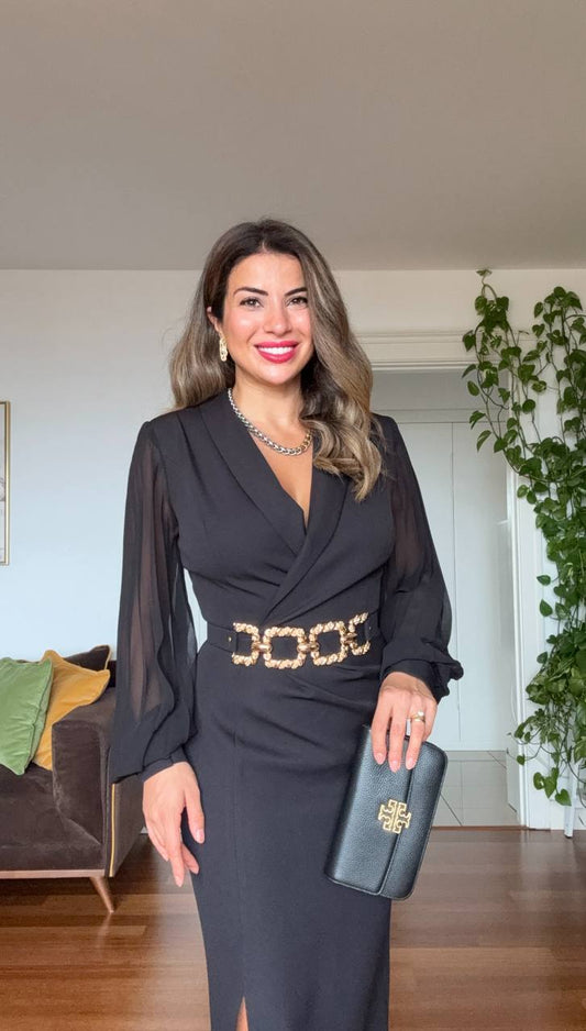 CHAIN BELT DETAILED MIDI DRESS - BLACK