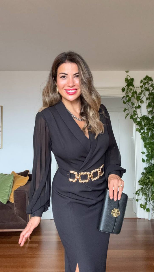 CHAIN BELT DETAILED MIDI DRESS - BLACK