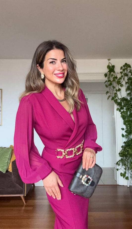 CHAIN BELT DETAILED MIDI DRESS - PLUM