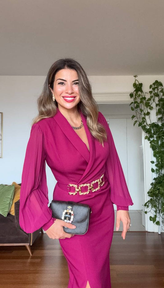 CHAIN BELT DETAILED MIDI DRESS - PLUM