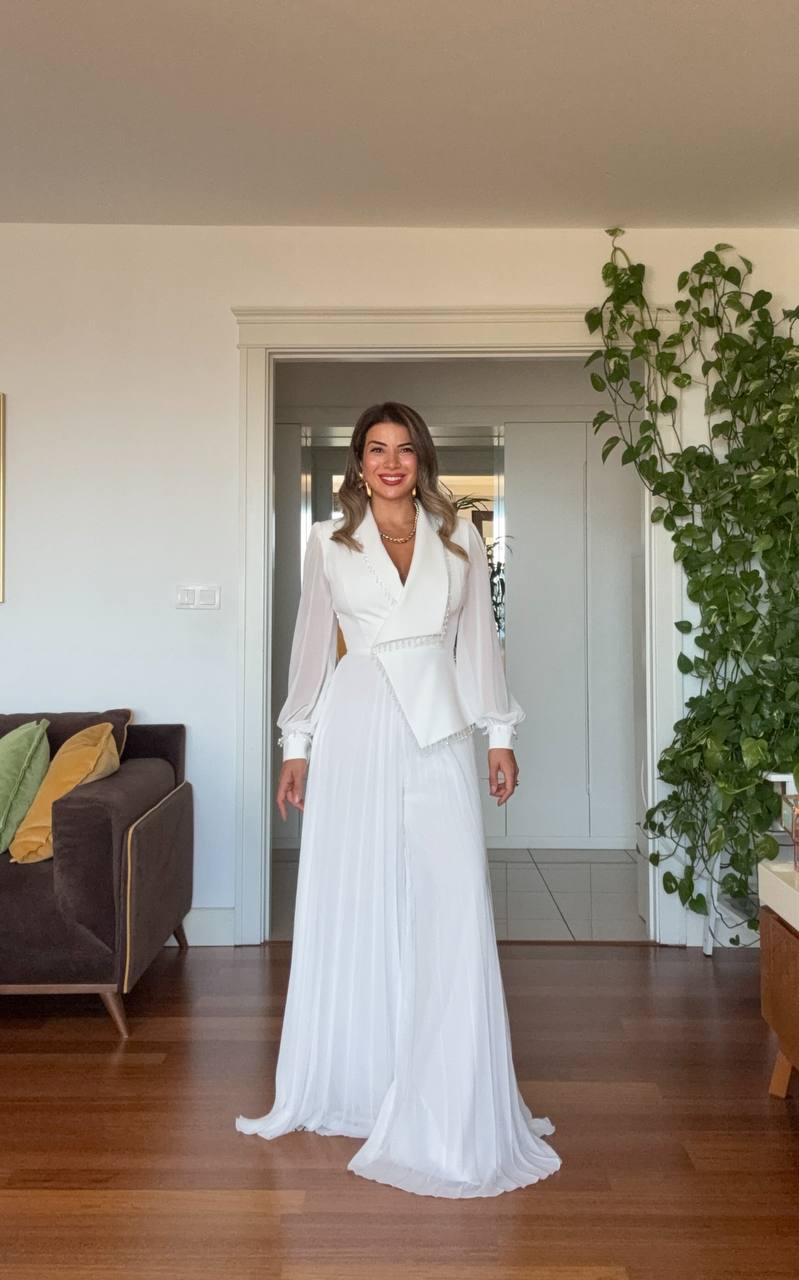 V-NECK PLEATED BEADED DETAIL JUMPSUIT - WHİTE