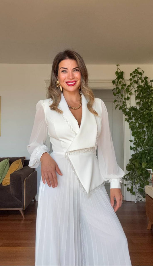 V-NECK PLEATED BEADED DETAIL JUMPSUIT - WHİTE