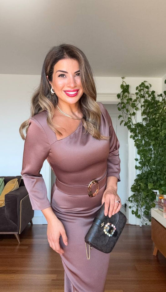 ASYMMETRICAL NECK SATIN DRESS WITH BELT DETAIL - DUSTY ROSE