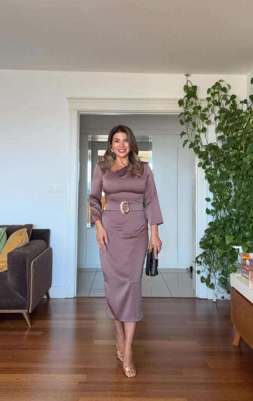 ASYMMETRICAL NECK SATIN DRESS WITH BELT DETAIL - DUSTY ROSE