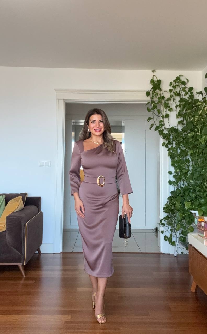 ASYMMETRICAL NECK SATIN DRESS WITH BELT DETAIL - DUSTY ROSE