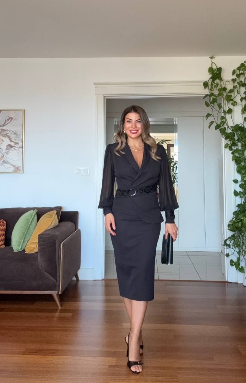 ELEGANT V-NECK BELTED DRESS - BLACK