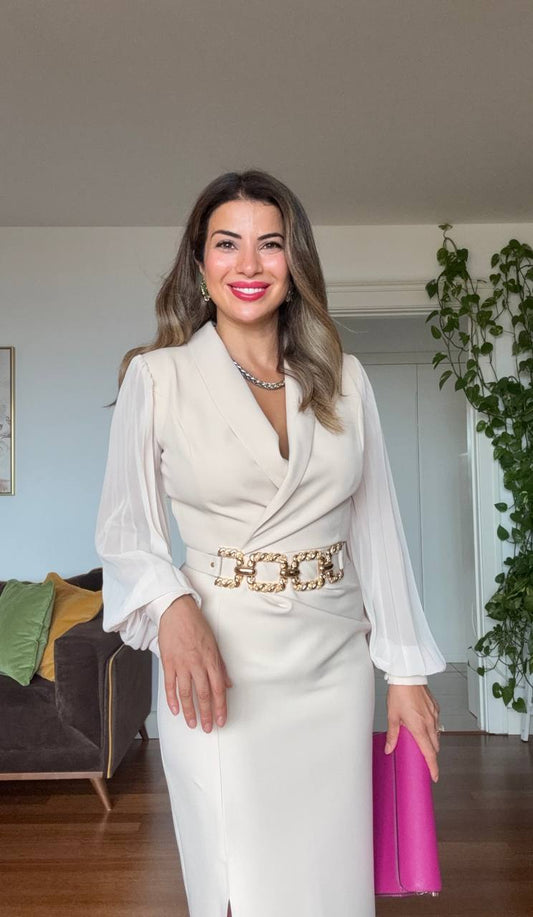 ELEGANT V-NECK BELTED DRESS - BEİGE