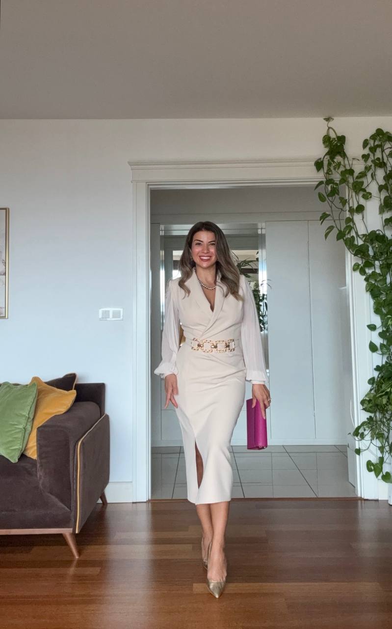 ELEGANT V-NECK BELTED DRESS - BEİGE