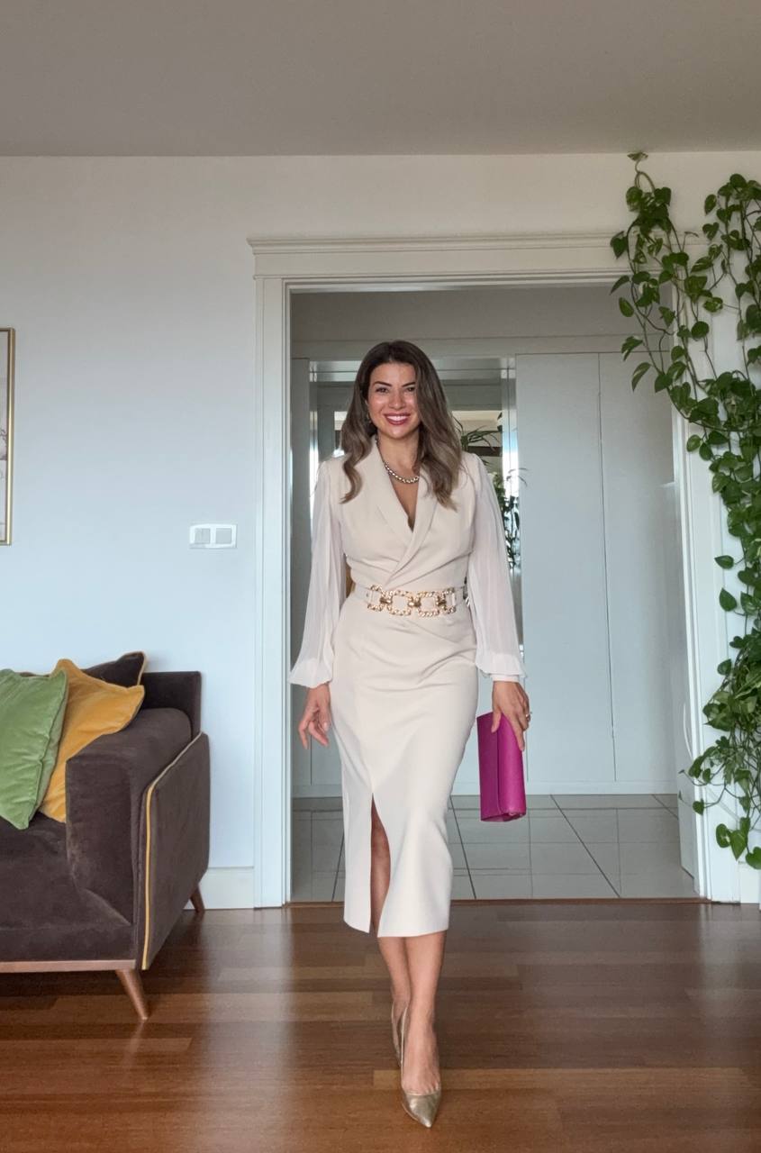 ELEGANT V-NECK BELTED DRESS - BEİGE