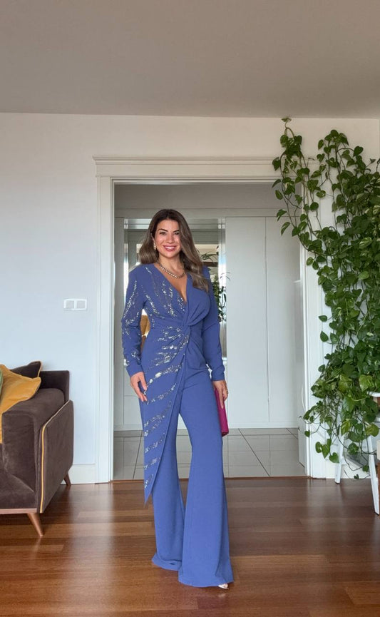 ELEGANT JUMPSUIT WITH STONE EMBELLISHMENTS – INDIGO