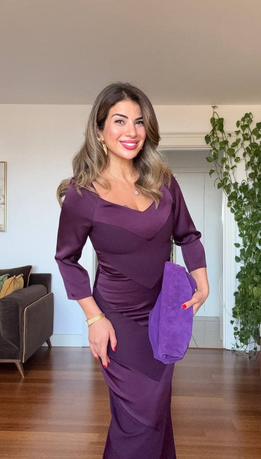V-NECK DRAPED SATIN LOOK DRESS – PURPLE