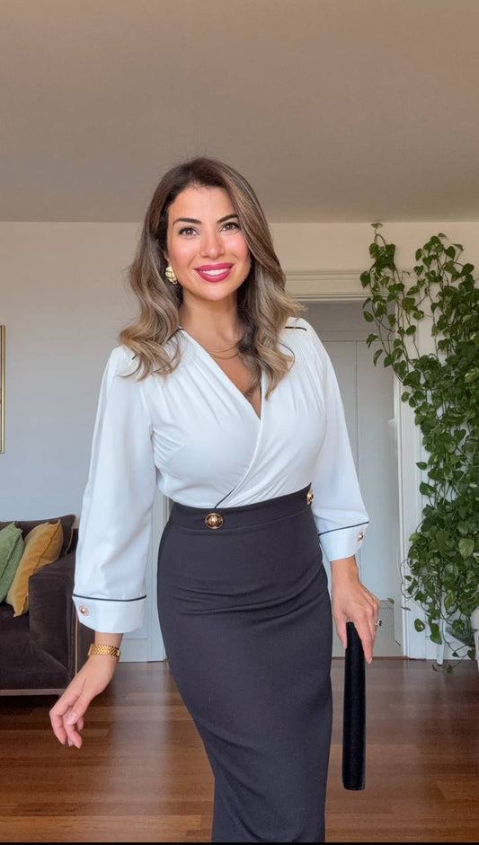 ELEGANT V-NECK BUTTON DETAIL PENCIL DRESS – BLACK & WHITE