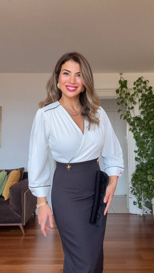 ELEGANT V-NECK BUTTON DETAIL PENCIL DRESS – BLACK & WHITE