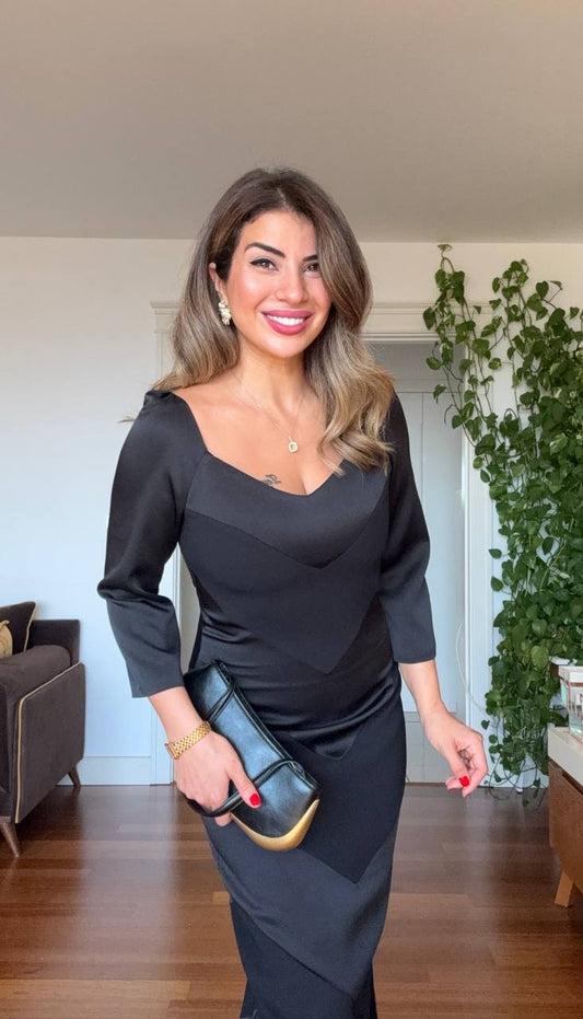 V-NECK DRAPED SATIN LOOK DRESS – BLACK