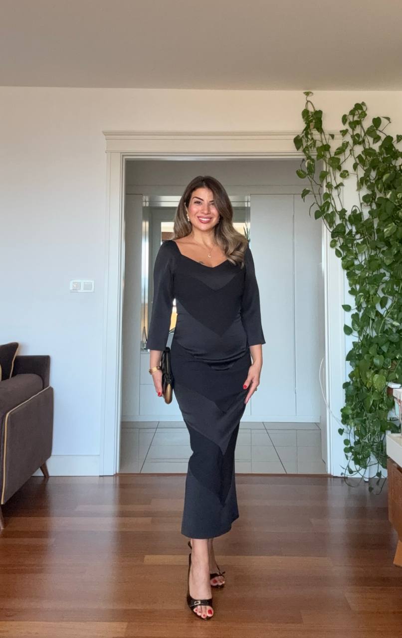 V-NECK DRAPED SATIN LOOK DRESS – BLACK