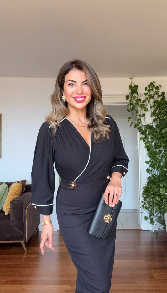 ELEGANT V-NECK BUTTON DETAIL PENCIL DRESS – BLACK