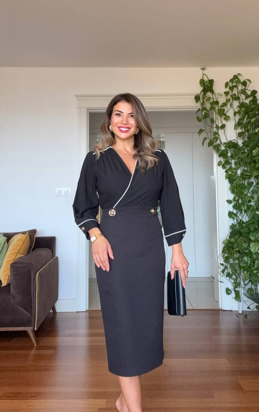 ELEGANT V-NECK BUTTON DETAIL PENCIL DRESS – BLACK