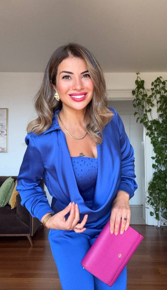 ELEGANT DRAPED NECK JUMPSUIT WITH SEQUIN DETAIL – ROYAL BLUE