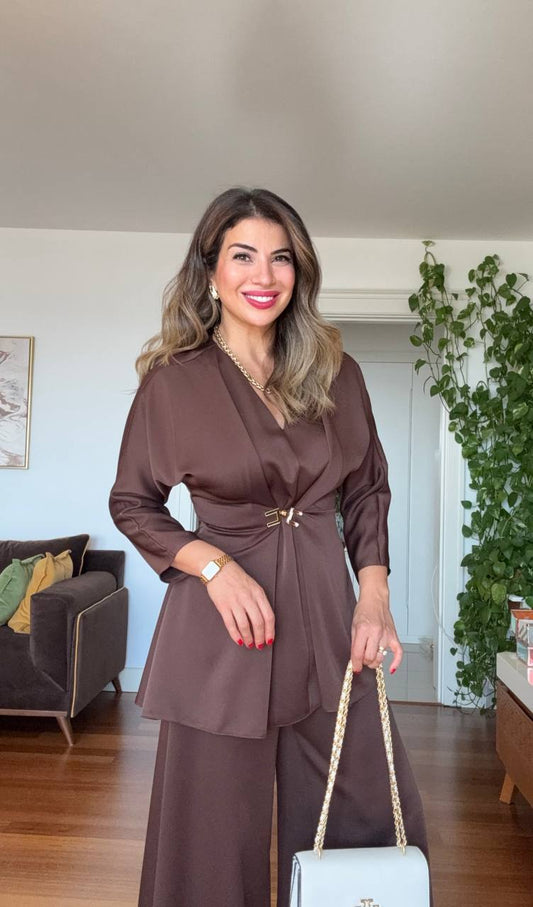 WRAP SUIT WITH GOLD BUCKLE DETAIL – LATTE BROWN