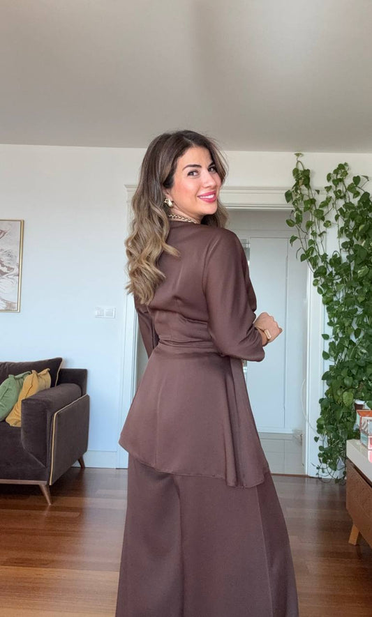 WRAP SUIT WITH GOLD BUCKLE DETAIL – LATTE BROWN