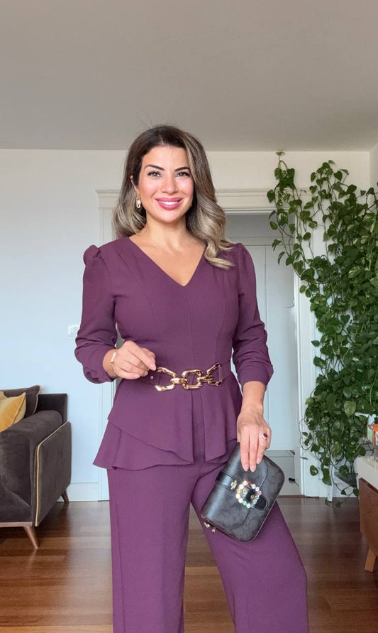 ELEGANT V-NECK CHAIN BELT DETAIL SUIT – PLUM
