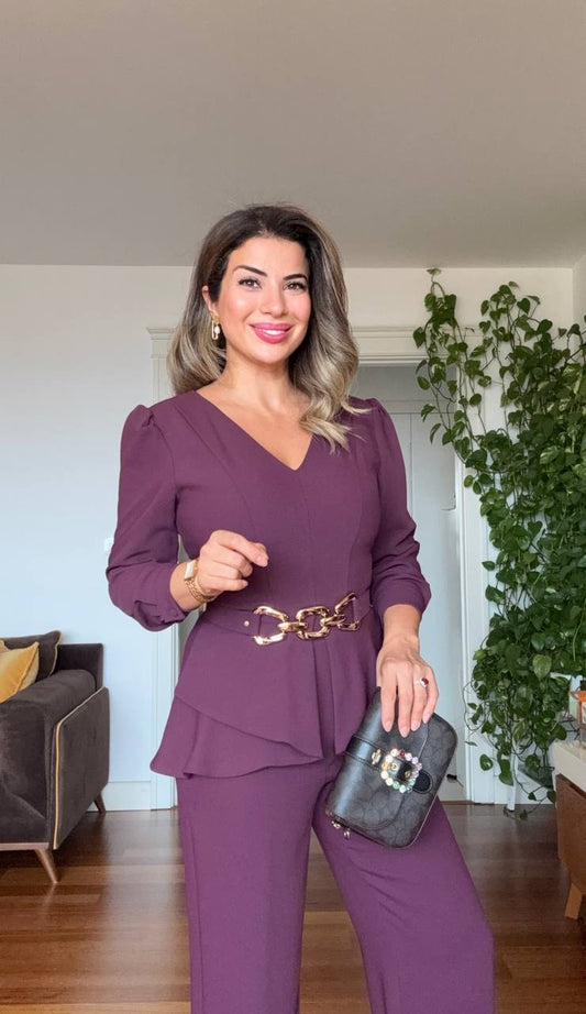 ELEGANT V-NECK CHAIN BELT DETAIL SUIT – PLUM