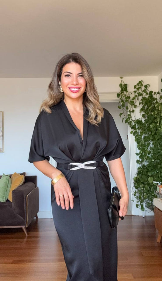 ELEGANT V-NECK SATIN DRESS WITH BELT DETAIL - BLACK
