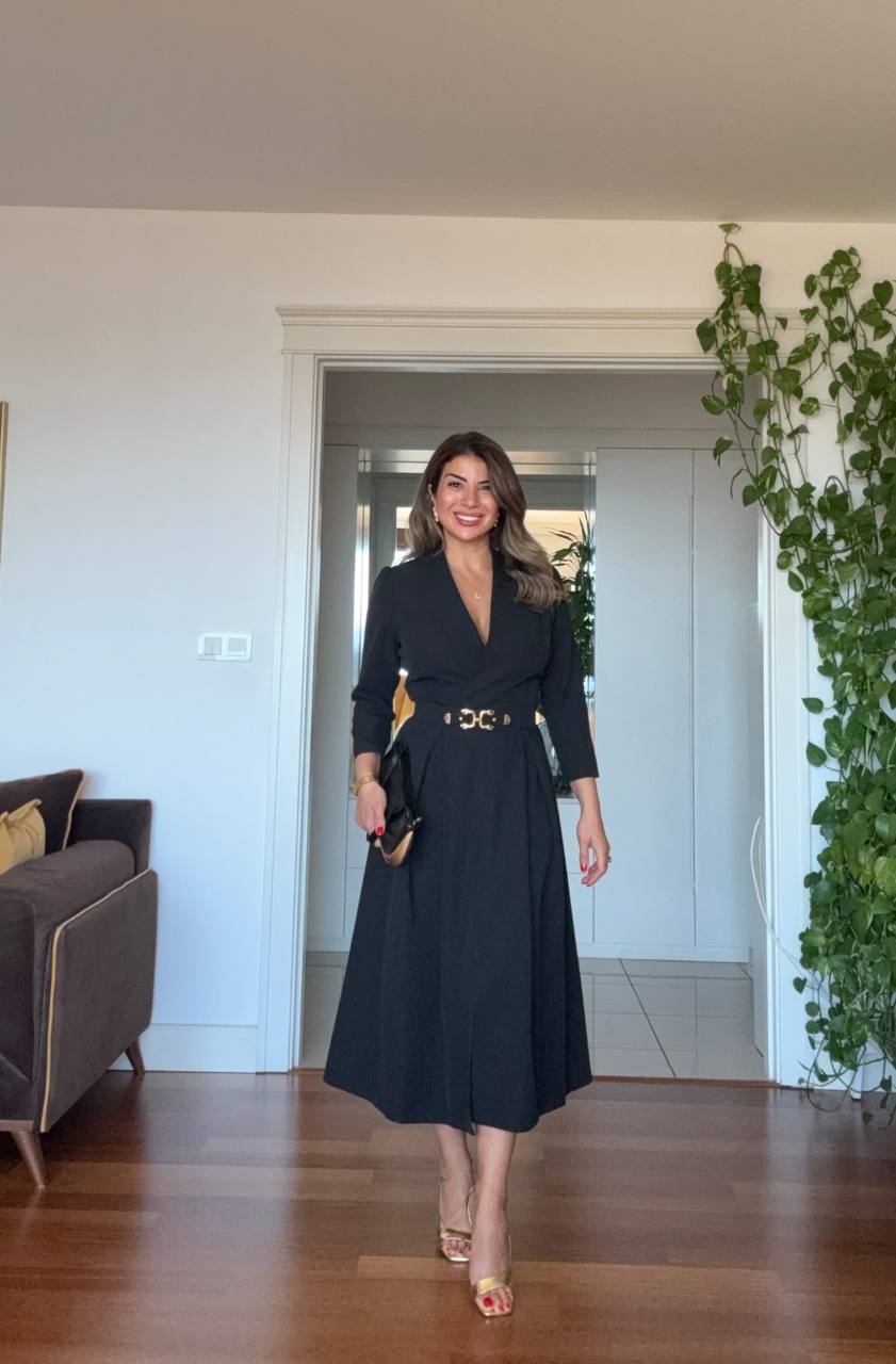 WRAP NECK BELTED MIDI DRESS - BLACK