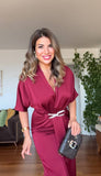 ELEGANT V-NECK SATIN DRESS WITH BELT DETAIL - BURGUNDY